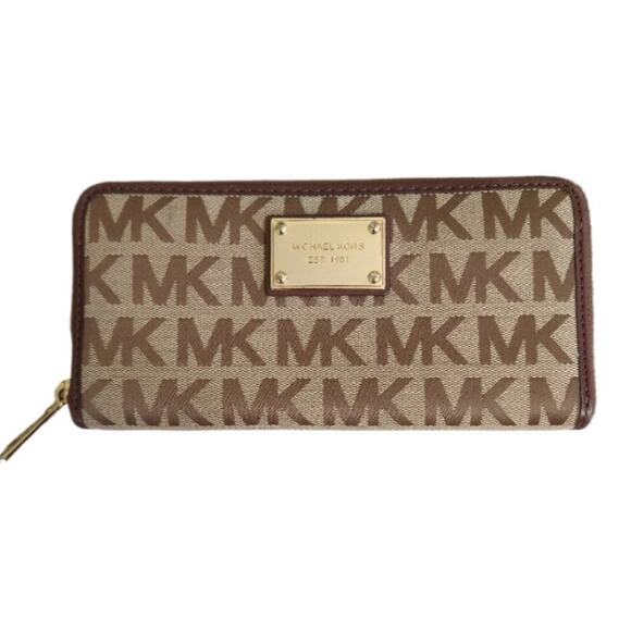 Michael Kors Signature Zip-Around Wallet Beige MK Logo Monogram Gold Hardware - Picture 1 of 16